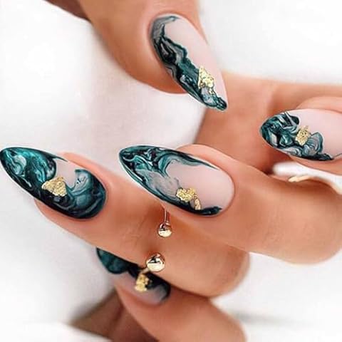 Enppode Almond Press on Nails Medium Fake Nails Nude Nails Glossy Stick on Nails Full Cover Nails 24 PCS/Set (Medium Black & Nude Nails) Cover