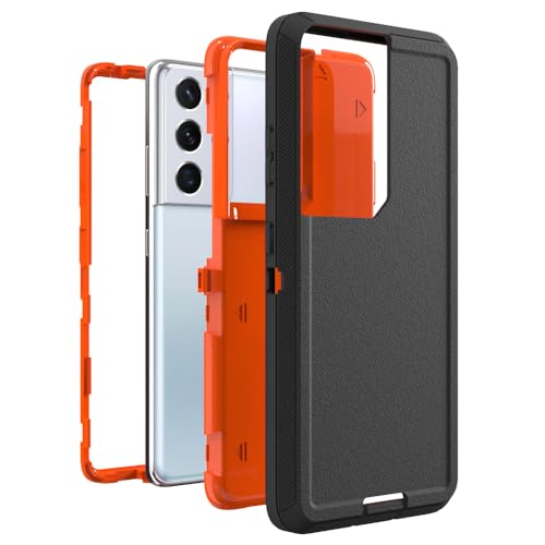 Image of Case for Galaxy S21 Ultra, Heavy-Duty Tough Rugged Shockproof Drop Protective Cover Cases for Samsung Galaxy S21 Ultra, Black+Orange