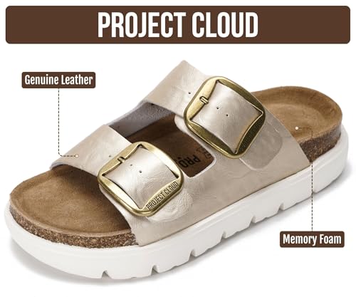 Image of Project Cloud 100% Genuine Leather Platform Sandals Women Footwear - Wedge Chunky Slides for Women 2026 with Memory Foam Insole & Cork Footbed Womens Sandals (GreeceChunky)