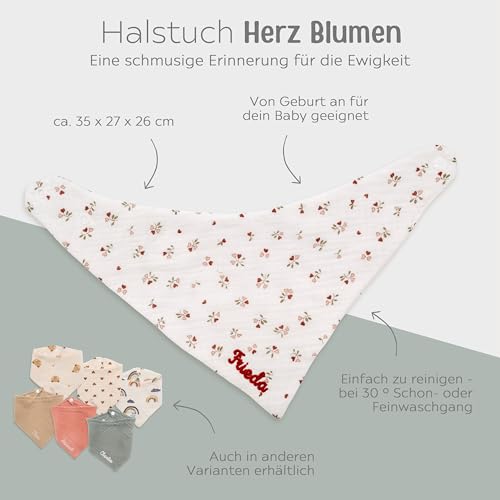 wunderwunsch Baby Halstuch, Babygeschenk, Geschenk zur Geburt, Dreieckstuch Kinder, Taufgeschenk personalisiert mit deinem Wunschnamen in 8 süßen Designs (Herz Blumen)