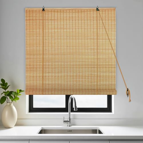 Image of HIPPO Bamboo Curtains - W-4 FT X H-9 FT Rope Mechanism Roll Up Down Indoor Bamboo Shade for Sun & Dust Protection for Home Window, Balcony, Restaurant, Hotel, Resort (Natural Wood)