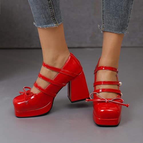 Alyaafifa Gorgeous High Heel Platform Pumps for Women Chunky Heels with Bow Closed Square Toe Ankle Strap Mary Jane Patent Leather Dress Shoes Club Ballroom Event Wedding Party2