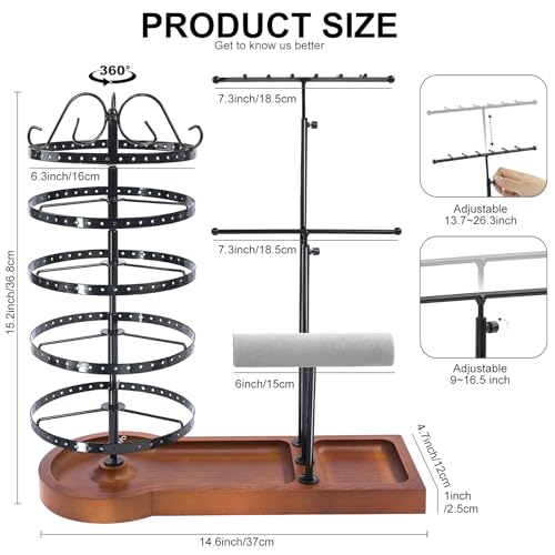 SMFANLIN Jewelry Organizer Stand, Metal Rotating Earring Holder Organizer, Multi-Functional Adjustable Necklace Rack Holder Bracelet Watch Holder for Jewelry Earrings Ring, Black