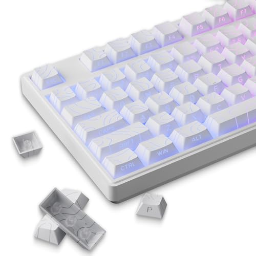 White Topographic PBT Keycaps 97 Key Caps Set Side Printed No Tear & Fade Shine Through RGB Backlit Cherry Profile Keycaps (Ergonomic Doubleshot) for 61/64/66/68/71/75/84/87 MX Mechanical Keyboards