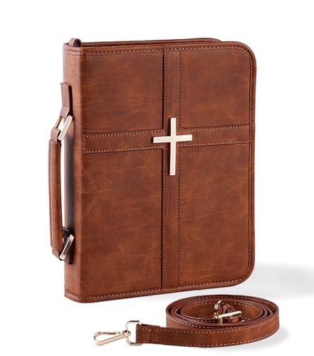 Vegan Leather Bible Cover Case, Bible Bag with Phone Pocket, Bible Case for Men Women, Christian Gift Box Packaging (Brown - with Strap)