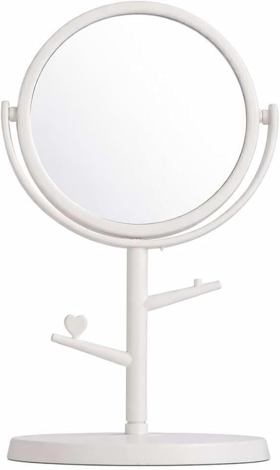 Espelho de Mesa Giratório, Plástico PP, com Porta Acessórios Integrado, Ideal para Maquiagem, Tamanho Pequeno (Branca)