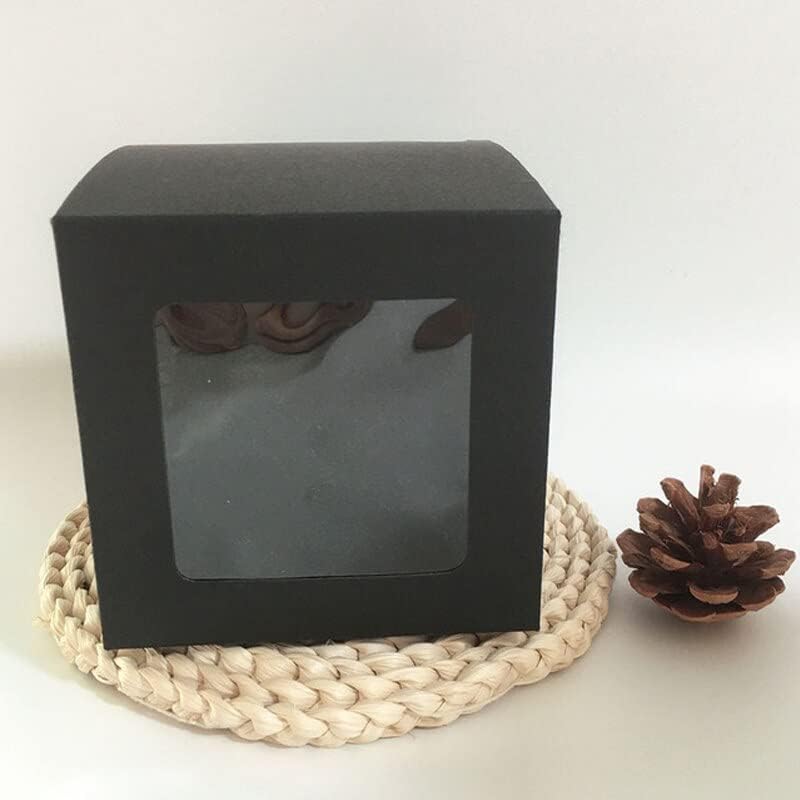 50Pcs/Lot Kraft Paper Gift Box Package with Clear PVC Window Candy Favors Gift Display Packaging Box for Wedding Home Party (Black,7x7x7cm)