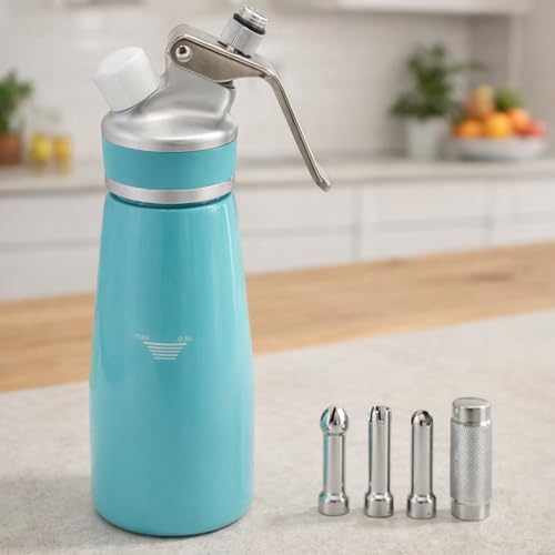 Whipped Cream Dispenser–Double Wall Insulated Aluminum Water Bottle with Stainless Steel 3 Nozzles, Extra-Large Capacity Whipping Cream Maker for Desserts, Coffee, Cocktails More-500Ml-Sky Blue