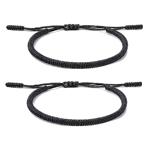ZYMGUO 2 Pulsera Tibetana Tradicional,Tejida a Mano, Nudo Budista de la Suerte, Cordón Rojo Ajustable,Para Hombre y Mujer,Nudo Tradicional Budista Amuletos de la Suerte y Protección (Negro)