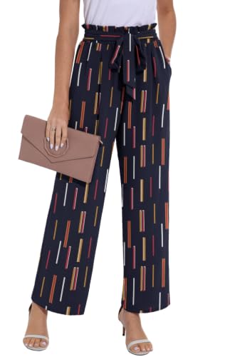 Image of PrinStory Trousers for Women UK Elasticated Waist Lightweight Summer Pants Causal Wide Leg Palazzo Trousers Beach Work (Navy Blue Stripe, M)