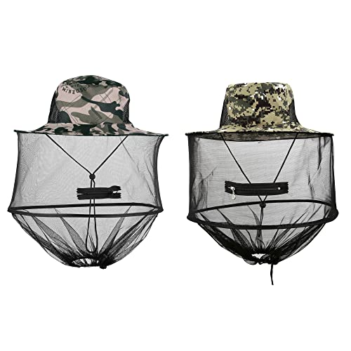 Mogokoyo 2 Stück Moskito Kopfnetz Hut Anti-Moskito Sonnenhut Fischerhut mit Mückennetz für Männer und Frauen, Gesicht Schutz Hut für Outdoor Gartenarbeit Dschungel Angeln (Tarnung Set)