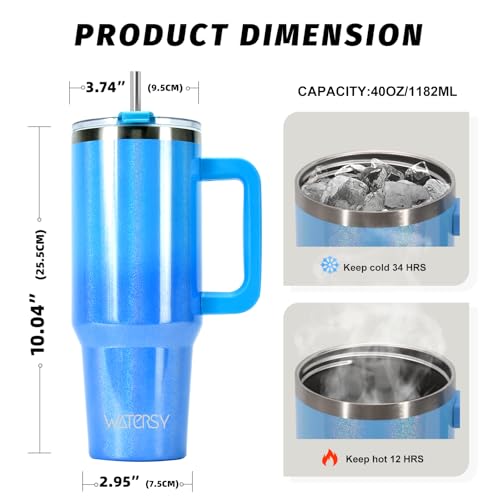 Image of 40 oz Shiny Tumbler with Handle and Straw,Stainless Steel Tumbler with Lid and Straw,Insulated Travel Mug(Cold for 34 Hours),Water Bottle for Iced Tea,Coffee (Blue)