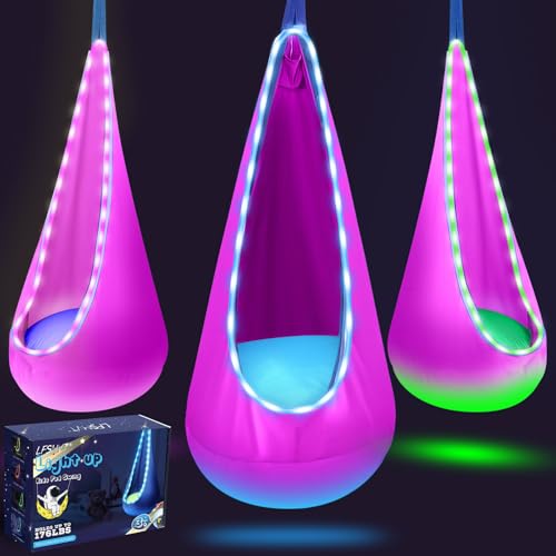 LFSMVT Light Up Kids Pod Swing Seat, Upgraded Kids Hanging Hammock Swing with LED Lights, Cotton Sensory Pod Swing Chair with Inflatable Pillow, Pod Swing for Kids Indoor & Outdoor (1 PCS) (Pink)