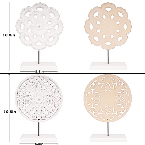 Axearte 2 Pack Wooden Carved Cutout Flower Medallion Sculpture, Rustic Distressed White Mdf Statues Home Tabletop Decor, Decorative Ornaments For Living Room, Bedroom, Office Desktop, Cabinets #TOP1