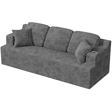 YESHOMY Boneless Couches for Living Room, Corduroy Sectional Couch with Extra Deep Seat, One-Box Compressed Comfy 3 Seater Couch for Small Spaces, Oversized Floor Sofa Grey, 3 Seater