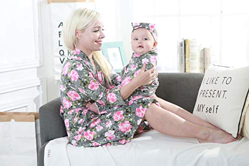 Image of 4 Pack Maternity Robe and Matching Baby Swaddle Blanket with Hat Headband Set, Stretchy Knitted Delivery Nursing Dress with Pockets and Receiving Blanket for Mummy and Baby (Grey Flower)