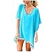 Poncho da spiaggia da donna, estivo, da spiaggia, lunghezza al ginocchio, bikini, copertura Up caftano, abito da spiaggia, costume da bagno sciolto, pareo, spiaggia, tunica con nappe, Azzurro, XL