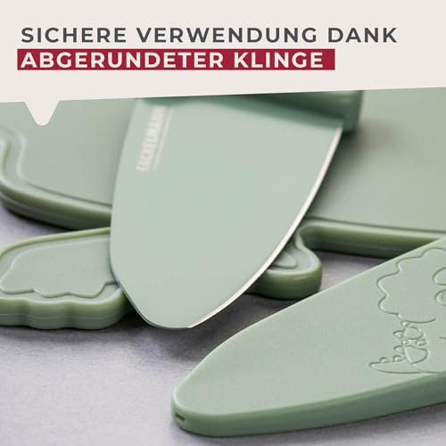 Fackelmann Kinderkochmesser Dino mit Klingenschutz – Hochwertige Edelstahlklinge mit abgerundeter Spitze, Antihaftbeschichtung, ergonomischer Griff, inkl. Klingenschutz in Dino-Optik