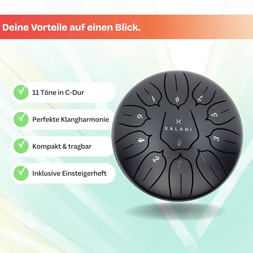 XALANI Zungentrommel Pure Harmony – Klangvolle Steel Tongue Drum (6 Zoll, 11 Töne, C-Dur) – Inkl. Einsteigerheft für sofortiges Spielen