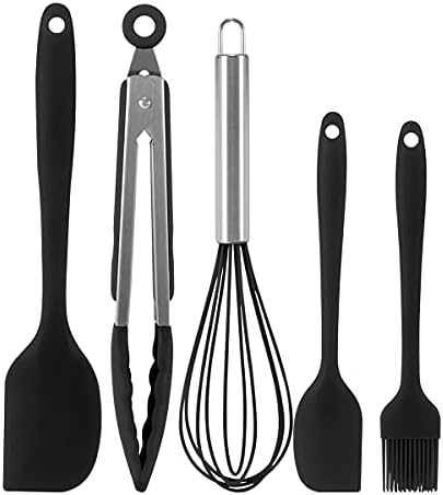 AINMEGE Set di Utensili da Cucina in Silicone Include Raschietto Frusta Grill Pinze Spazzola in Silicone (5 Pezzi Nero)