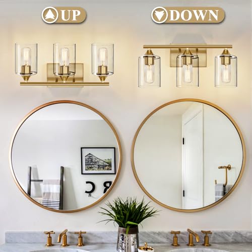 Image of Gold Bathroom Light Fixtures,3-Light Vanity Lights,Modern Brushed Brass Gold Wall Sconce Lighting,Bathroom Wall Lamp for Mirror Bedroom Living Room Vanity Table Hallway