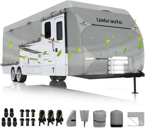 Umbrauto RV Cover 27-30ft: 7 Layers Travel Trailer Cover, Waterproof Camper Cover, Toy Hauler Cover with Tongue Jack Cover, Extra Windproof Ropes, Gutter Covers