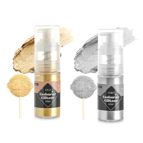 Essbarer Glitzer Spray 5g x 2 Farben Gold und Silber Goldpuder Essbar Glitzerpulver für Backen Lebensmittel Glitzer für Getränke, Erdbeeren, Cupcakes, Osterkuchen, Fondant, Cocktails, Schokolade