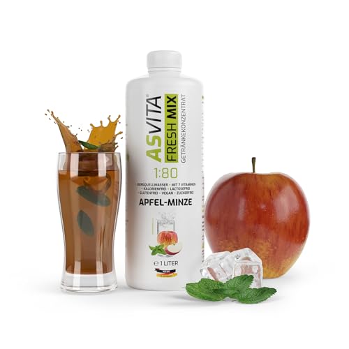 AsVita Getränkekonzentrat Fresh Mix 1:80-1 Liter Flasche - Getränkesirup zuckerfrei - 26 leckere Zero Sirup Geschmacksrichtungen (Apfel-Minze) für den Wassersprudler
