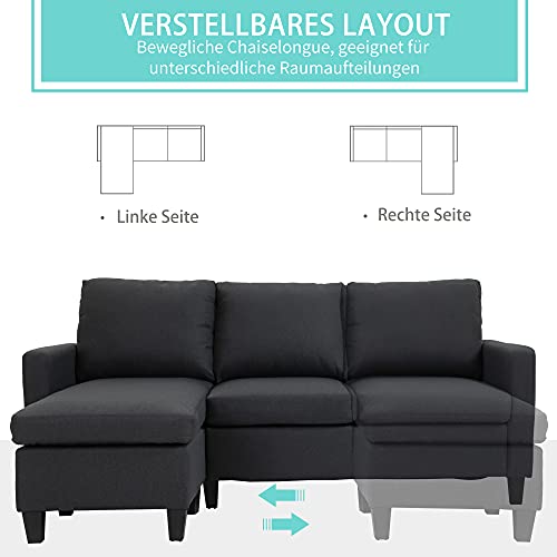 HOMCOM Ecksofa, 3 Sitzer Sofa und Kissen, Eckcouch, L-Form Couch für Wohnzimmer, Schlafzimmer 197 x 139 x 91 cm, Leinen, Dunkelgrau