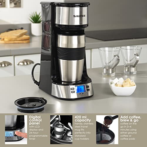 Salter-EK2732-Digital-Coffee-Maker-to-Go-With-420-ml-Stainless-Steel-Travel-Mug-24-Hour-Programmable-TimerLCD-Display-750-W-PlasticBlack183-L-x-135-W-x-288-H-cm