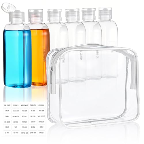 3.4 oz Travel Bottles for Toiletries, Travel Size Containers Refillable, Leak Proof Squeeze Bottles with Flip Cap, Small Plastic Squeeze Bottle with Toiletry Bag (5-Pack)