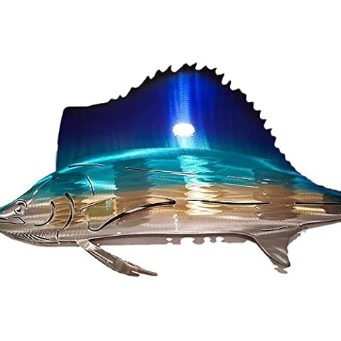 HOTRCR Metal Fish Wall Decor Bathroom Glass Art Iron Sculpture Outdoor Blue Hanging Decoration For Home Bedroom Garden Patio Porch Or Fence Cover
