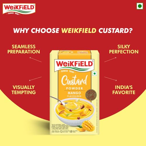 Weikfield Custard Powder | Mango Flavour | Makes Smooth & Creamy Custard | Contains Quality Ingredients | Best For Fruit Salads & Puddings | 100% Vegetarian | 75g Carton