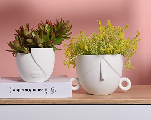 Quoowiit Ceramic Planter Flower Plant Pots, 5.4 + 4.7 Inch White Face Planter Pot Set With Drainage Hole, Head Planter Pot Succulent Planter Indoor Outdoor Garden, Creative Home Office Decor -Set Of 2 #TOP7