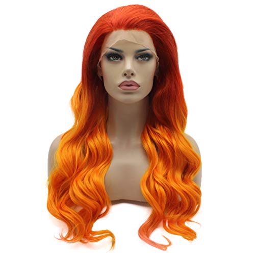 Lushy Wavy Long Two Tone Orange Ombre Wig Full Density Half Hand Tied Heat Friendly Synthetic Lace Front Wig