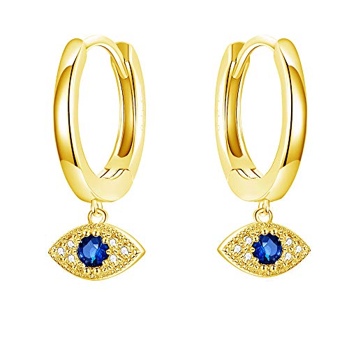 Evil Eye Small Huggie Hoop Earrings for Women Girls Sterling Silver 14K Gold Plated Blue CZ Crystal Dangle Tiny Endless Hoops 12mm (Gold)