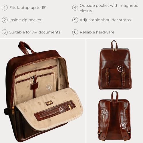 Image of Time Resistance Leather Backpack for Men and Women - Laptop Bag up to 15 inch - Brown Business Rucksack