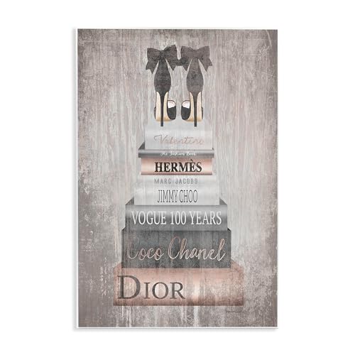 Image of 'Book Stack Heels Metallic Pink'| Wall Plaque Art | Stupell Industries | 13 x 19 Inches, Easy to Hang and Sturdy, Made in USA, by Amanda Greenwood