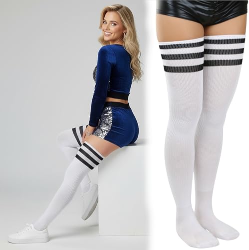 Image of ToBeInStyle Women's Heavyweight Knit Thigh High Long Socks w /Contrast 3 Stripe Top Band
