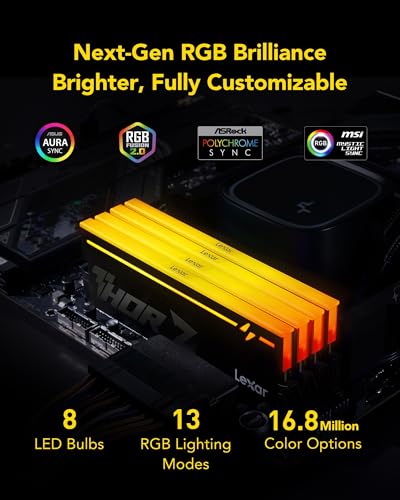 Image of Lexar THOR Z Series RGB DDR5 RAM 32GB Kit (2x16GB) 6000 MHz CL36, DRAM 288-Pin UDIMM Desktop, PC High-Performance Gaming Computer Memory for Intel XMP 3.0 /AMD EXPO, On-die ECC /1.4V