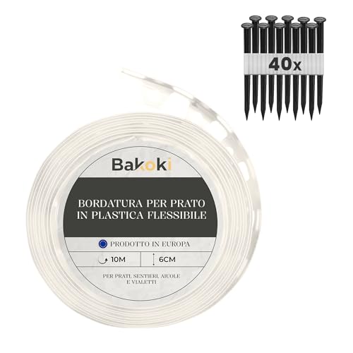 BAKOKI Bordo flessibile per prato (10 m | 40 ancoraggi | 6 cm di altezza), in plastica bianca resistente alle intemperie, bordo rotondo – aiuole – bordo per aiuole – bordo per tagliaerba