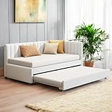 UOCFYK Full Size Upholstered Daybed with Trundle for Guest Room, Bedroom, Sofa Bed Frame w/Put Out Sofa Bed Design,Easy to Assemble, No Box Spring Needed, Beige