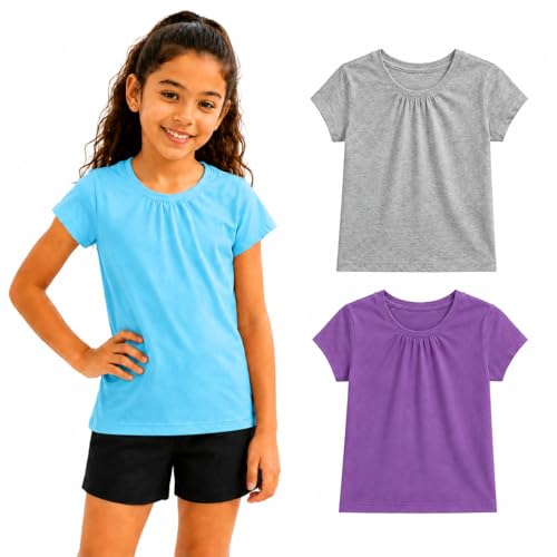 Image of Bienzoe Plain Solid Girls T-Shirts: School Basic Tee 3-Pack | Short Sleeve, Ages 4-13, PE, Recess, Outdoor Play, Soft Cotton Blend, Breathable Quick-Dry, Easy Care, Easy to Mix and Match