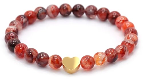 Bracelet en quartz de silice de fer véritable pierre précieuse avec perles rondes de 6mm et cœur en acier inoxydable - différentes longueurs - bracelet en pierres précieuses porte-bonheur cadeau
