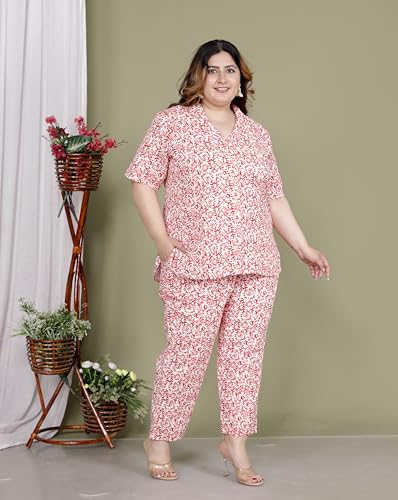 Image of Printed Shirt Style Cotton Night Suit for Women with Extra Plus Size
