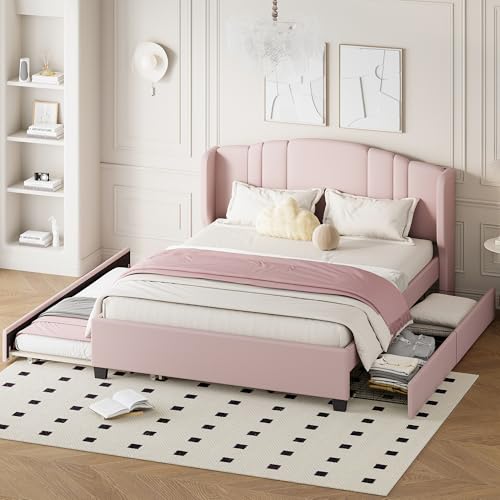 Lit plateforme rembourré Queen dossier ailé lit gigogne rose