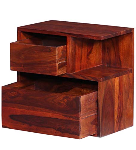 Image of DEMIWALL Solid Sheesham Wood Bedside Table | Wooden Bed Side Tables with Drawer | Nightstand Side Table for Bedroom | Night Stand End Table with 2 Drawers & Shelf Storage for Home | Honey Finish