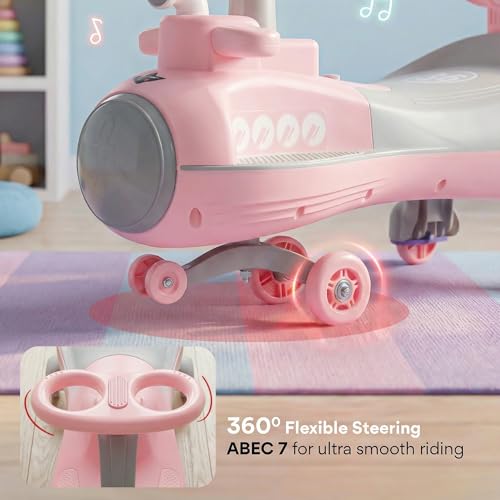 Image of Baybee Diver Baby Swing Cars for Kids | Indoor Wiggle Push Baby car with Floor Lights | Twister Ride on Kids Car with RGB Lights, Music & Backrest | Magic Car for Kid 2 to 5 Years (Pink)