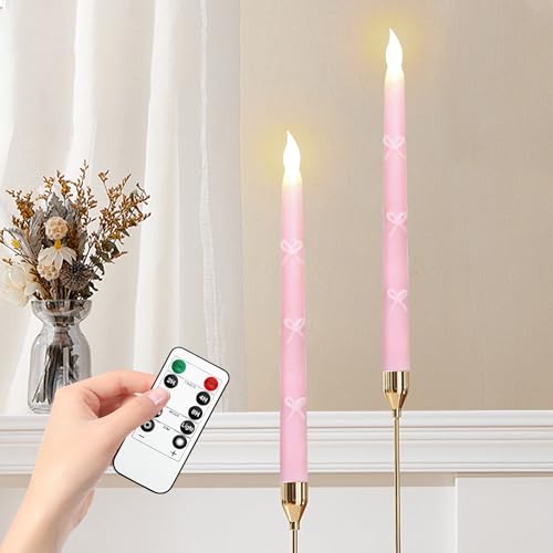 PETRISTRIKE Flameless Taper Candles with Remote, 2 Pcs Pink LED Taper Candles Battery Operated, Tapers for Spring Wedding Home Decor(0.78 X 9.8 Inchs)