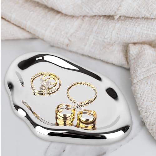 Chendecor TRAY 01 Silver Tray Decorative Vanity Tray Bathroom Tray Jewelry Dish Ceramic Silver Round Plate Holder Makeup Tray Home Organizers Irregular Storage Plate Bathroom Organizer thumb #4